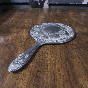 Vintage Ornate Silver Hand Mirror - Decorative Pewter Finish